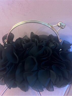 Black Floral Ruffle Evening Clutch with Silver Frame